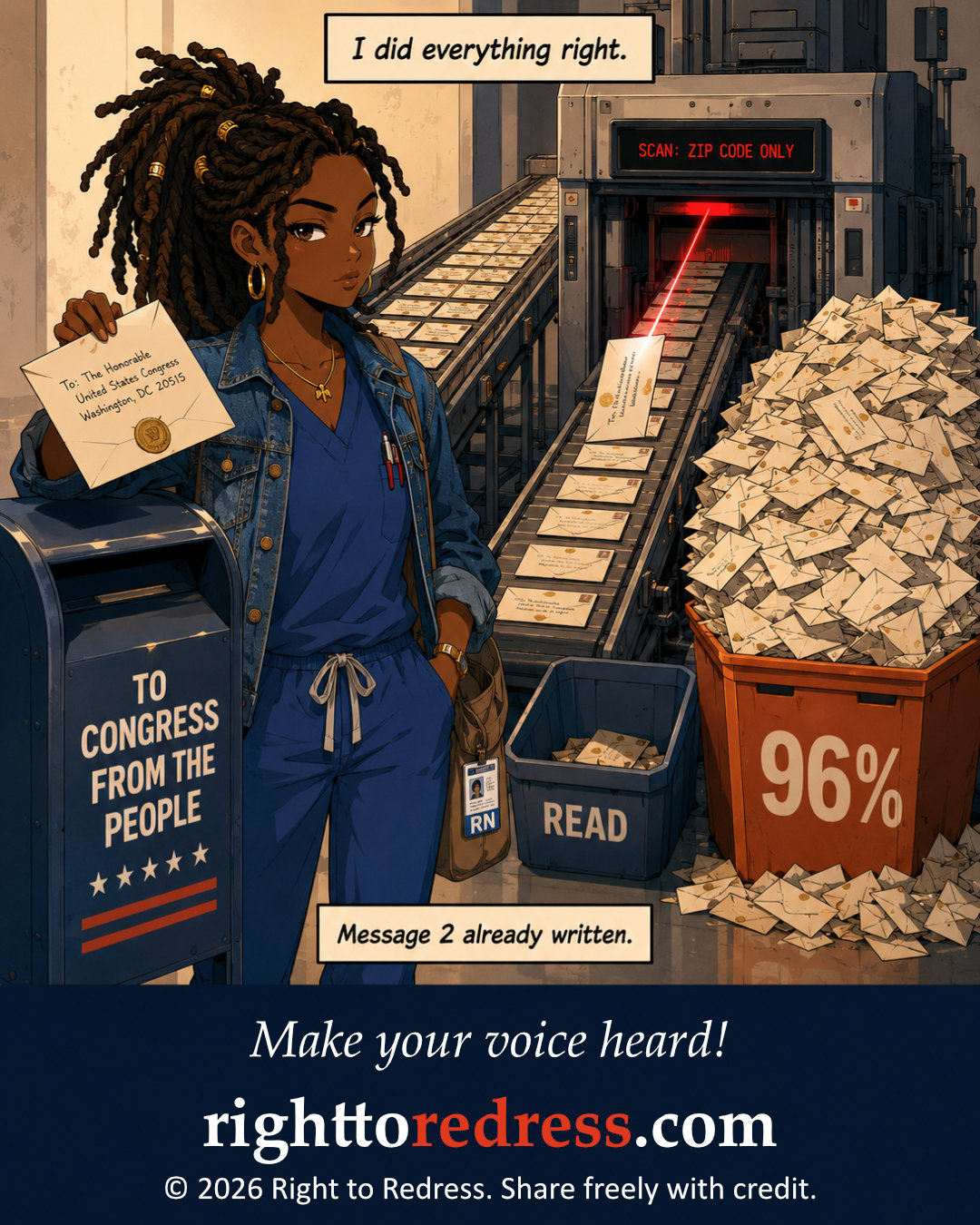 Anime-style comic panel: The Sender, a young woman in scrubs and denim jacket, stands at a mailbox labeled TO CONGRESS FROM THE PEOPLE. A sorting machine scans only zip codes. The READ bin is nearly empty. The 96% bin overflows.