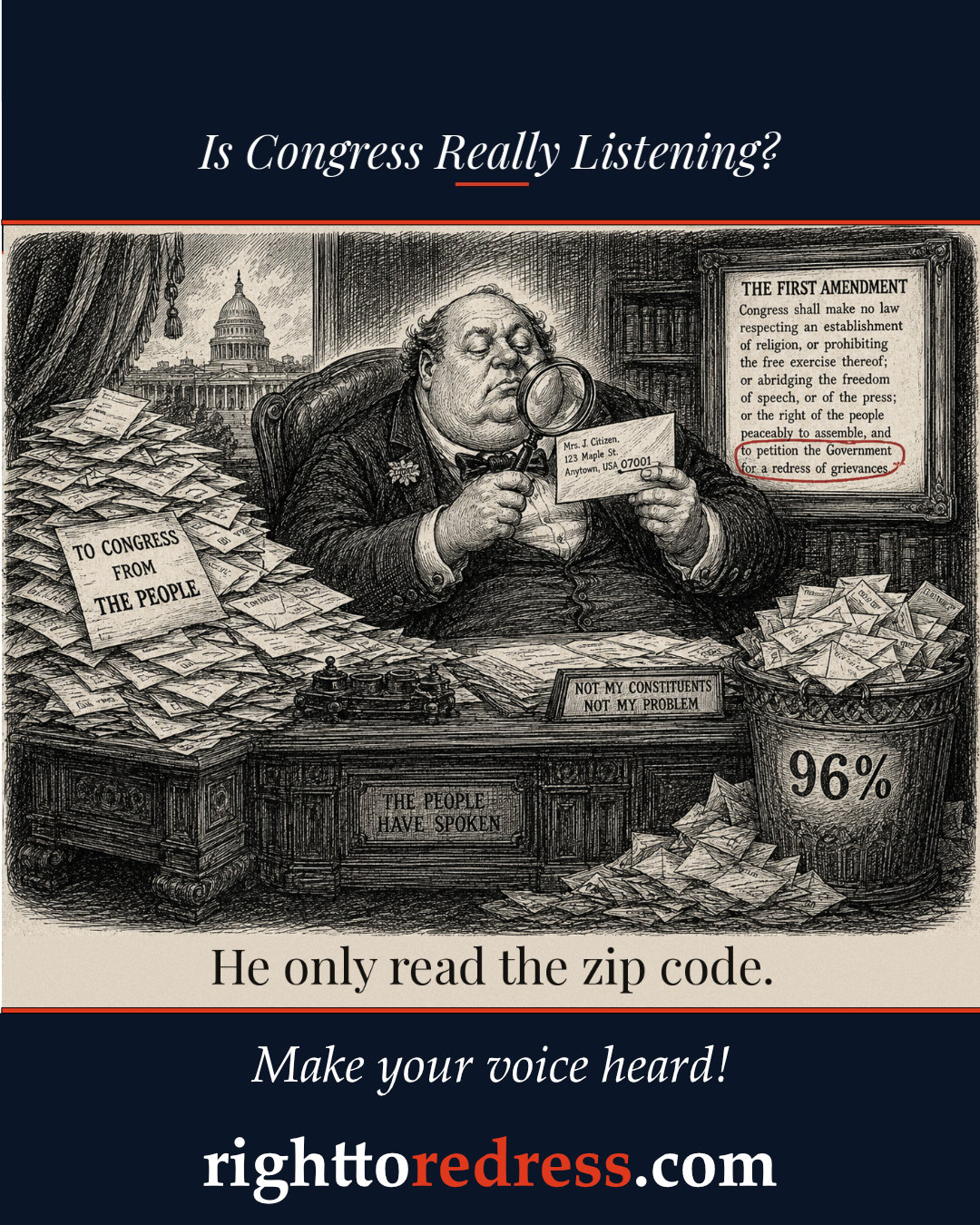 Editorial cartoon: a portly figure at a desk buried in citizen mail reads only the zip code on the envelope. Trash can labeled 96%. First Amendment hangs on wall with petition clause circled.